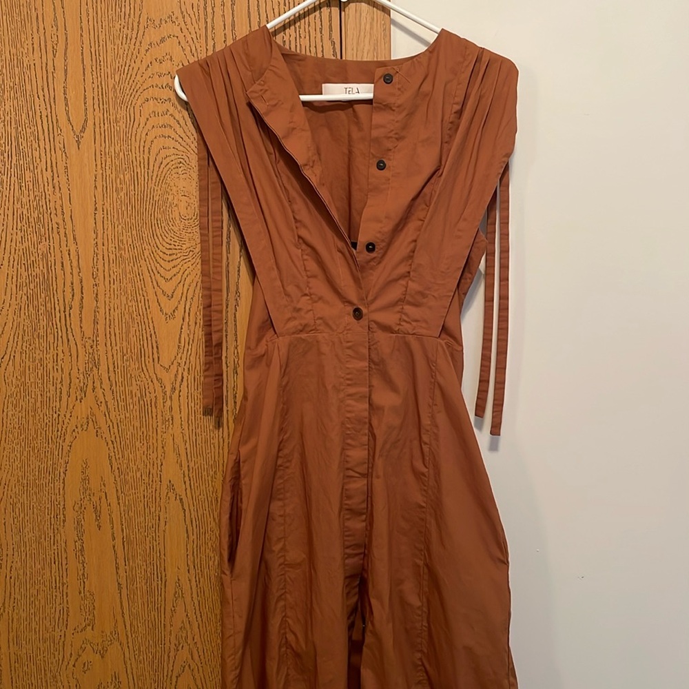Tela dress, midi button up dress with pockets, size XS, burnt orange.